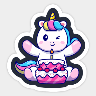 Cute Unicorn With Birthday Cake Cartoon Sticker